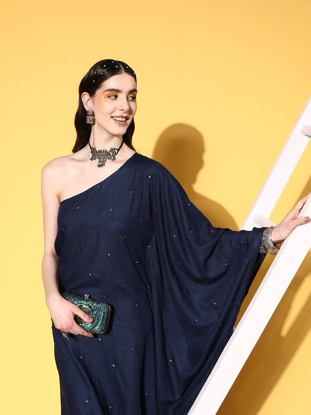 InWeave Women's Navy Mirror Work One Shoulder Kurta Set - Distacart