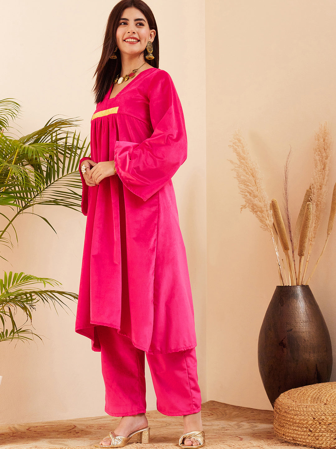 InWeave Women's Magenta V Neck Asymmetrical Pleated Velvet Kurta Set - Distacart