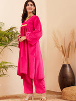 Thumbnail for InWeave Women's Magenta V Neck Asymmetrical Pleated Velvet Kurta Set - Distacart