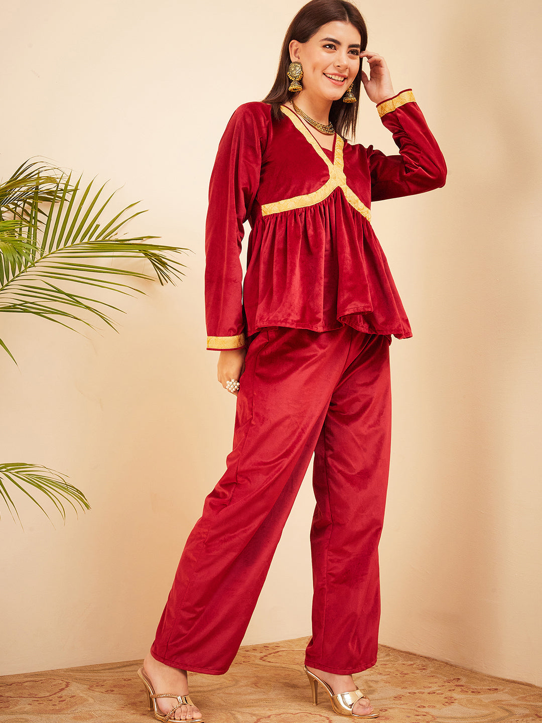 InWeave Women's Barn Red Mughal Shaan Style Velvet Short Kurta Set - Distacart
