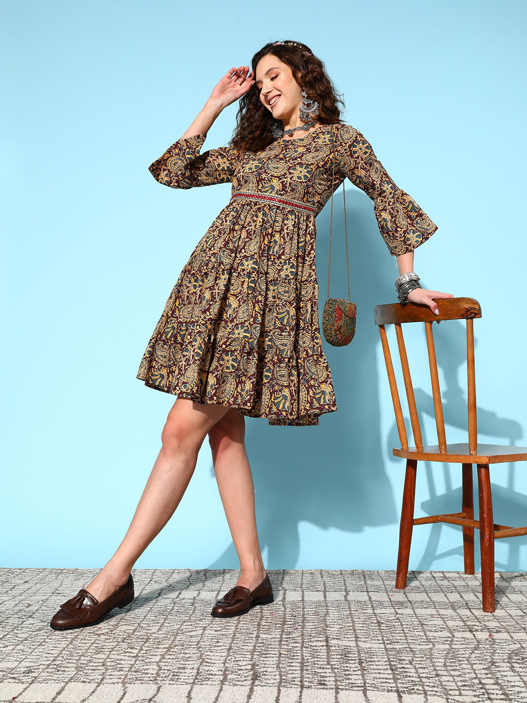 InWeave Women's Brown Kalamkari Print Short Dress - Distacart