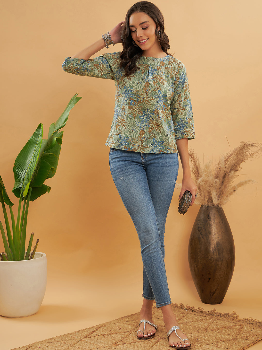 InWeave Women's Dull Green Leaf Floral Print Top - Distacart