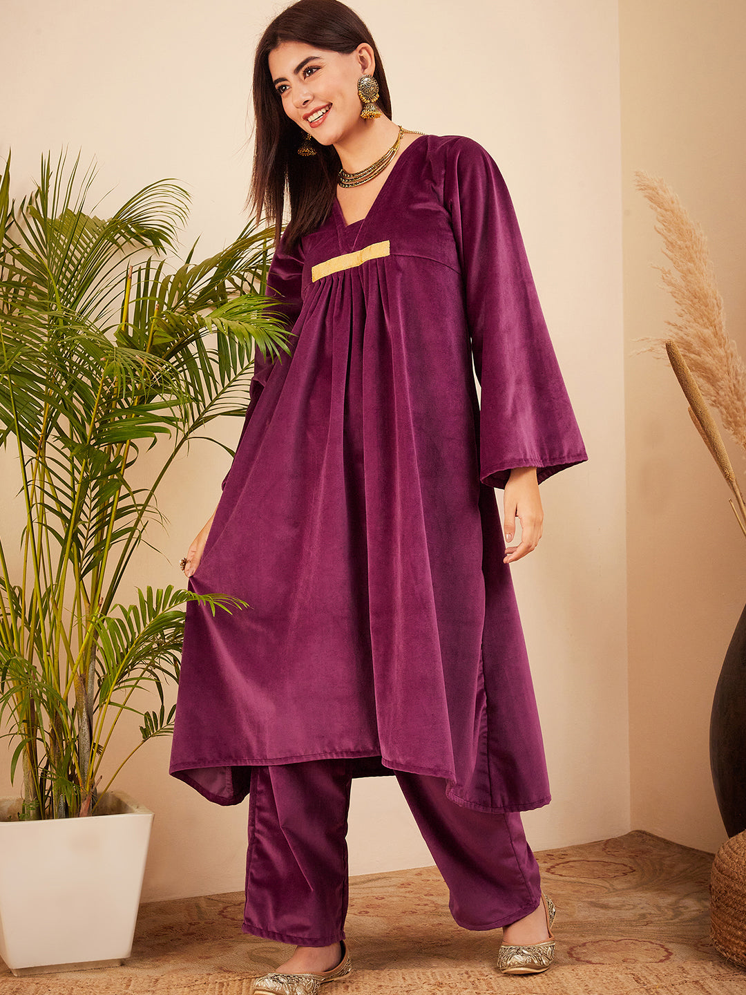 InWeave Women's Wine V Neck Asymmetrical Pleated Velvet Kurta Set - Distacart