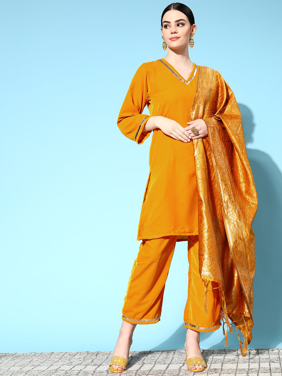 InWeave Women's Mustard Velvet Kurta Set With Mustard Gold Dupatta - Distacart