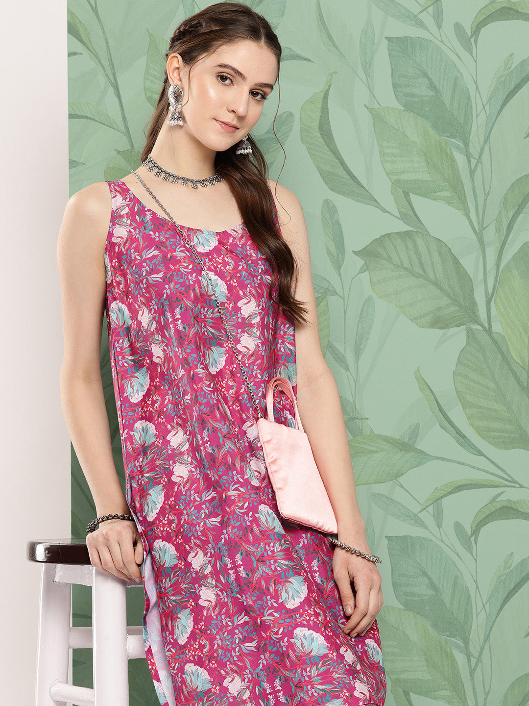 InWeave Women's Magenta Camelia Print Crepe Kurta Set - Distacart