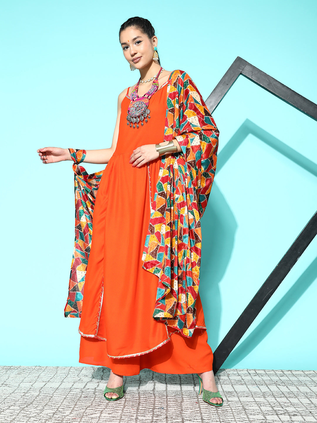 InWeave Women's Orange Red Gota Strappy Set With Multi Foil Muslin Dupatta - Distacart