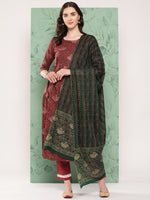 Thumbnail for InWeave Women's Long Kurta Set Rust Ajrakh With Green Ajrakh Dupatta - Distacart