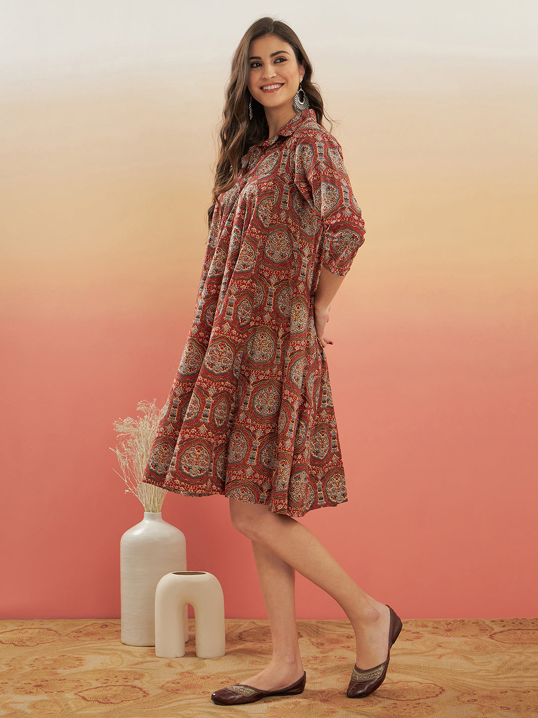 InWeave Women's Maroon Mughal Kalamkari Flared Dress - Distacart