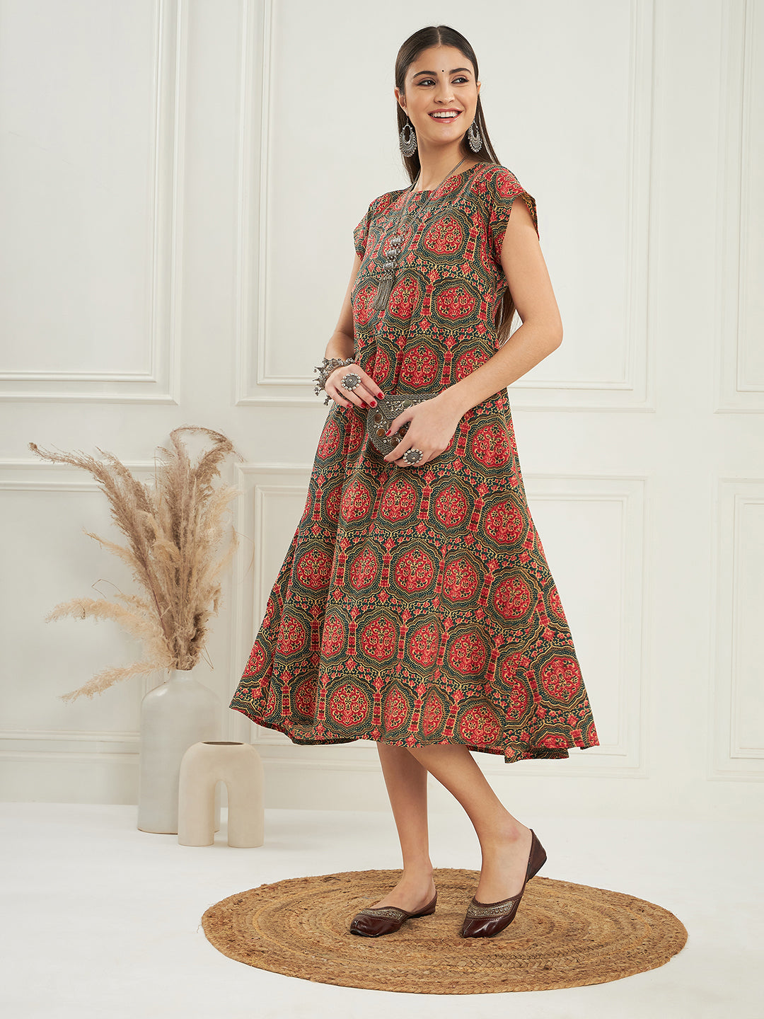 InWeave Women's Green Red Mughal Kalamkari A Line Dress - Distacart