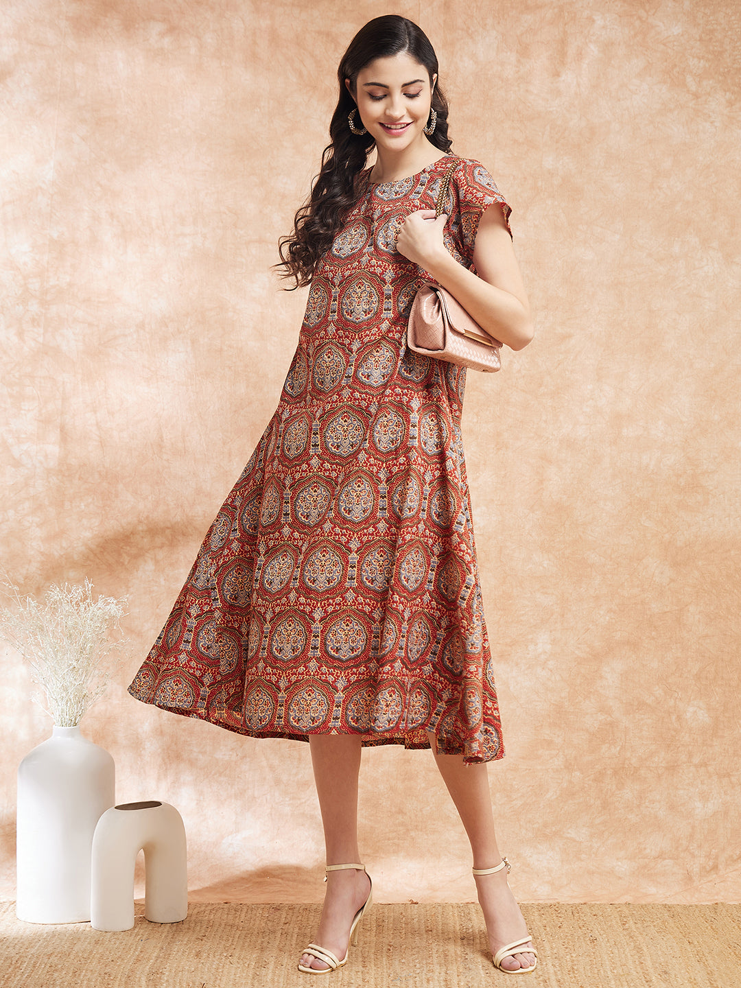 InWeave Women's Maroon Mughal Kalamkari A Line Dress - Distacart