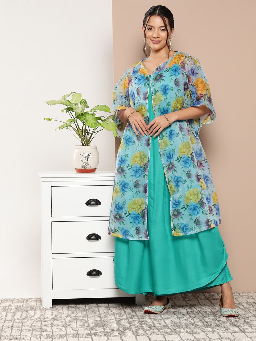 InWeave Women's Teal Blue Strappy Set With Blue Yellow Floral Cape - Distacart