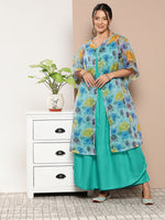 Thumbnail for InWeave Women's Teal Blue Strappy Set With Blue Yellow Floral Cape - Distacart