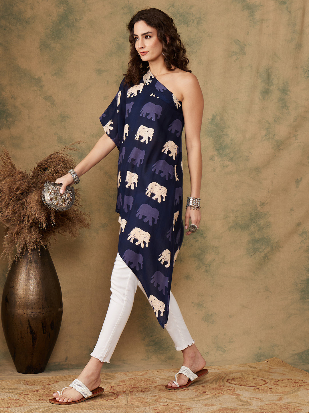 InWeave Women's Blue Elephant Print Oneshoulder Top - Distacart