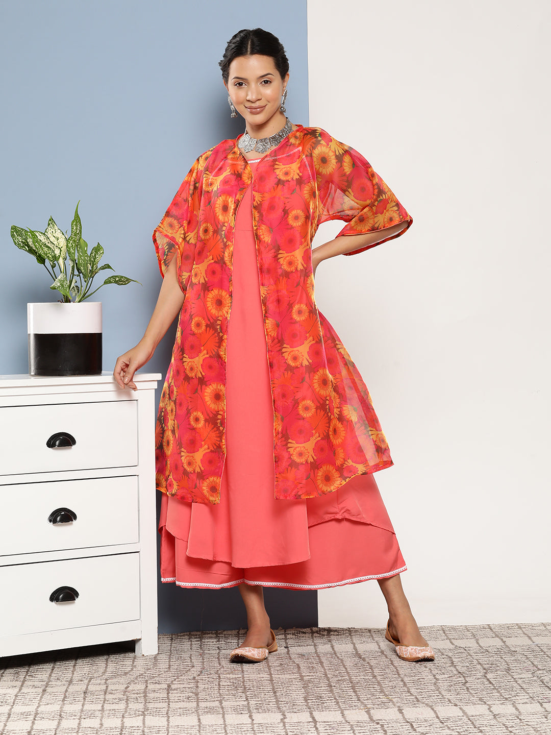 InWeave Women's Peach Cr Strappy Set With Peach Yellow Floral Cape - Distacart