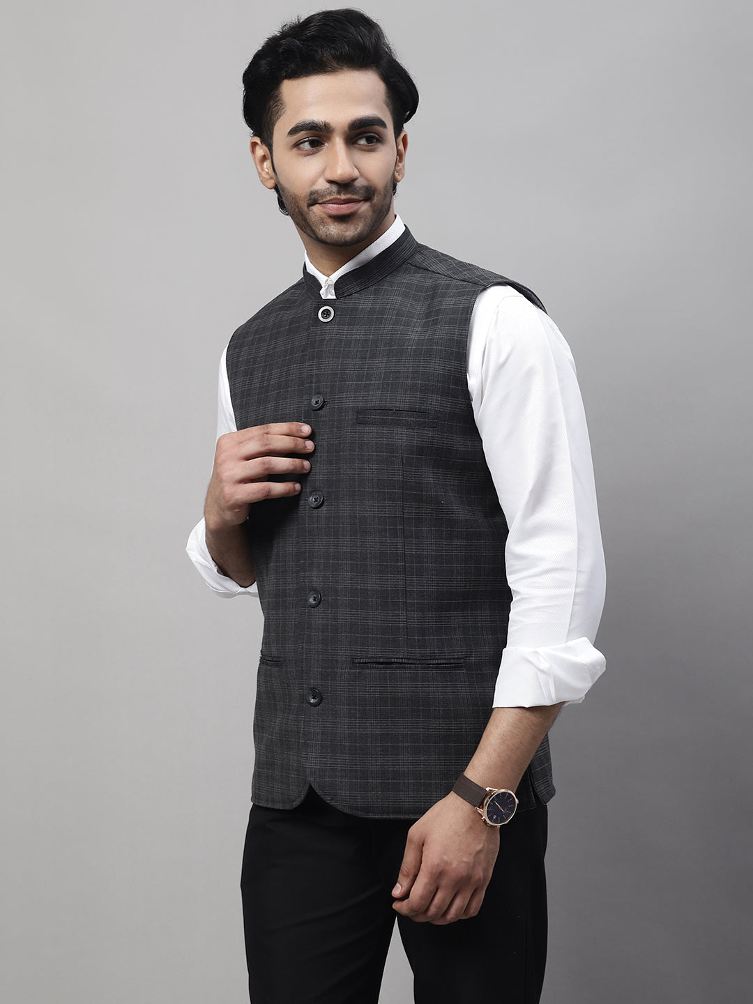 Even Apparels Men's Grey Nehru Jacket With Welt Pockets - Distacart