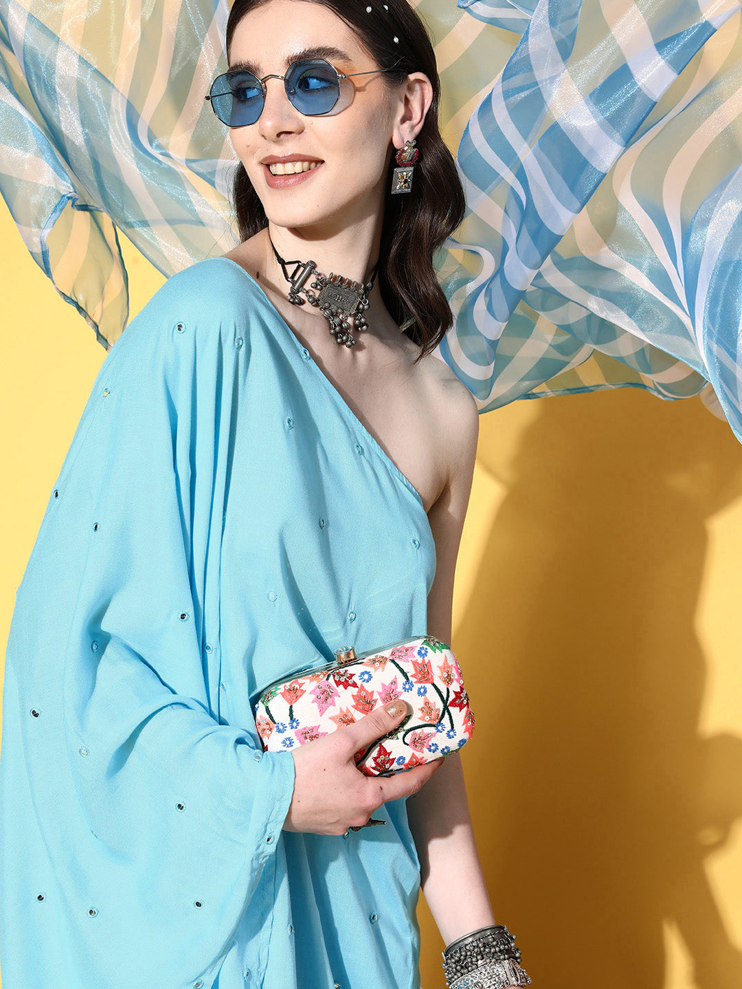 InWeave Women's Sky Blue Mirror Work One Shoulder Kurta Set With Dupatta - Distacart