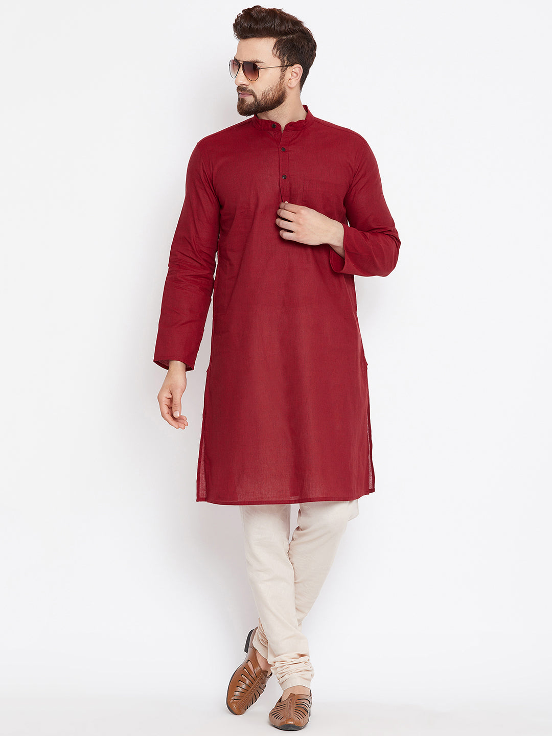 Even Apparels Maroon Pure Cotton Kurta With Band Collar - Distacart