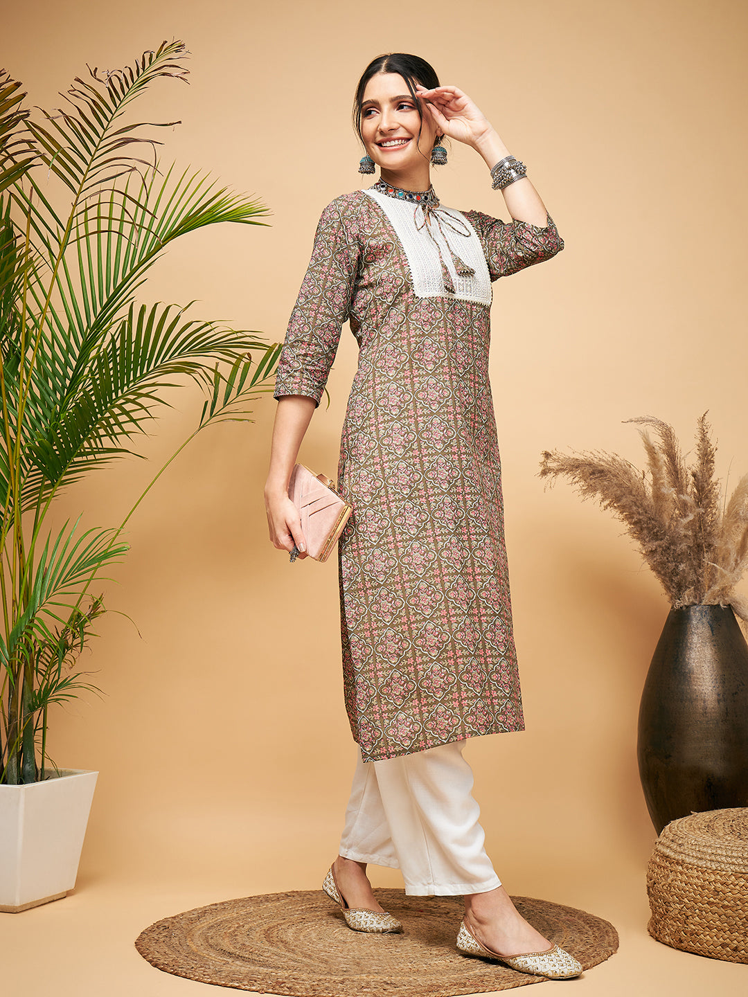 InWeave Women's Green Red Ajrakh Print Cotton Patch Work Straight Kurta Pant Set - Distacart