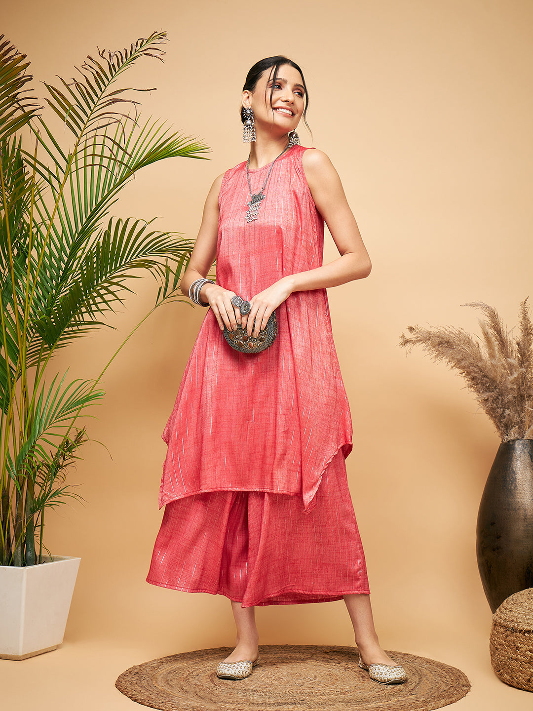 InWeave Women's Red Lurex Short Pallazo Kurta Set - Distacart