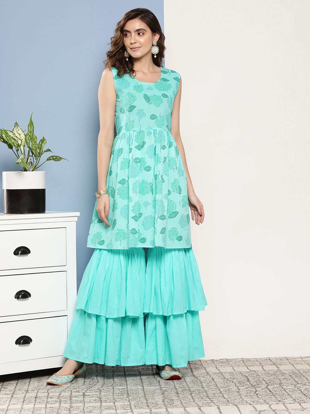 InWeave Women's Turquoise Printed Chintz Tiered Sharara Set - Distacart