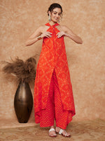 Thumbnail for InWeave Women's Orange S Print Twisted Neckline Kurta Pant Set - Distacart