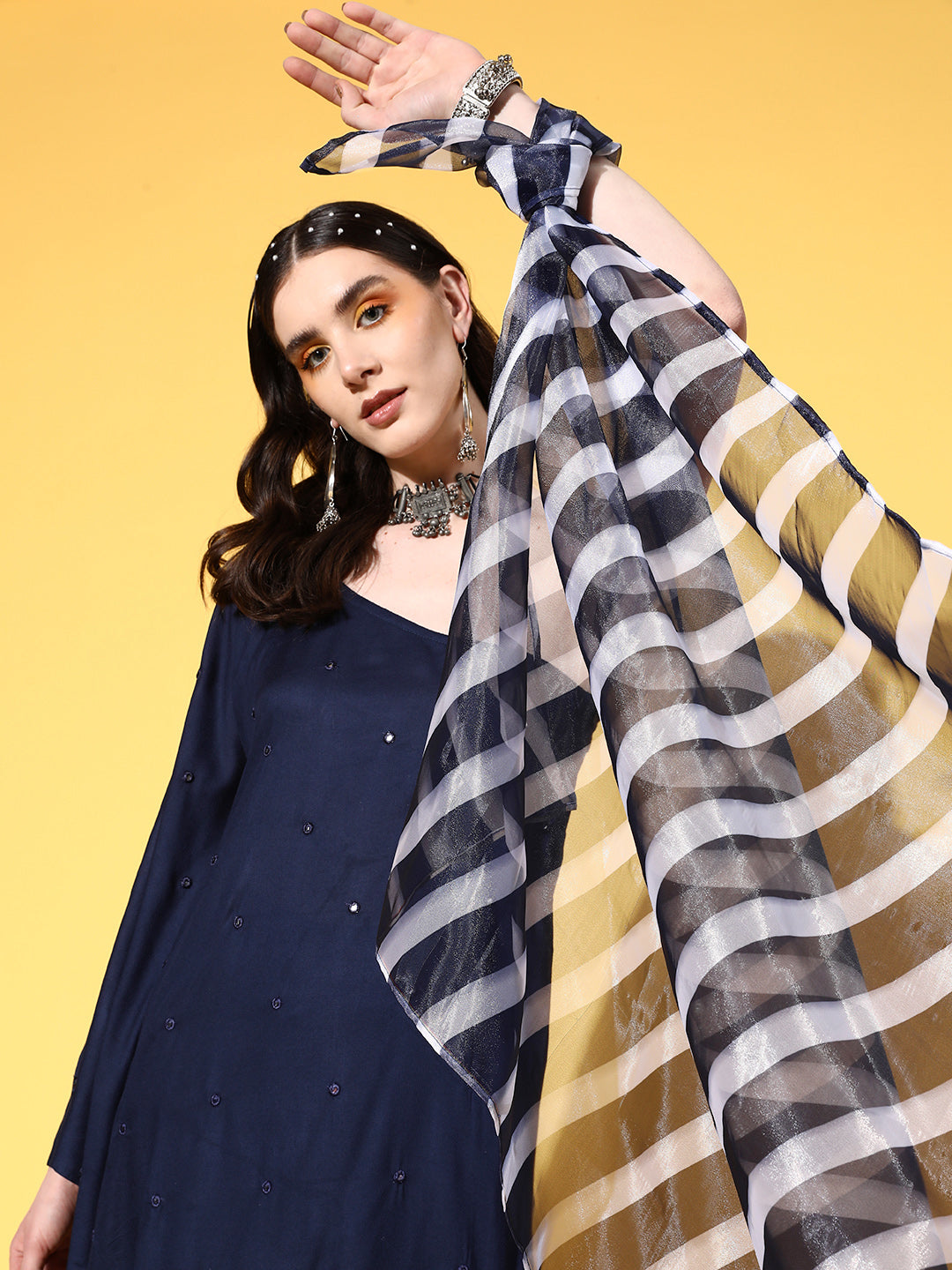 InWeave Women's Navy Mirror Work One Shoulder Kurta Set With Dupatta - Distacart