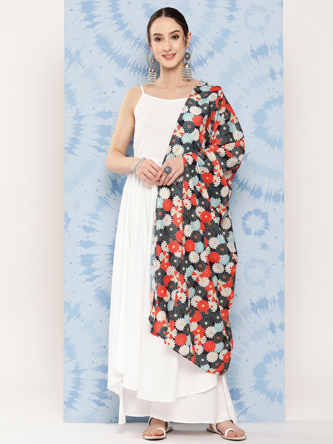 InWeave Women's White Strappy Set With White Red Round Motif Dupatta - Distacart