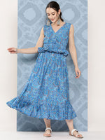 Thumbnail for InWeave Women's Sapphire Blue Floral Paisley Print Long Frill Dress - Distacart