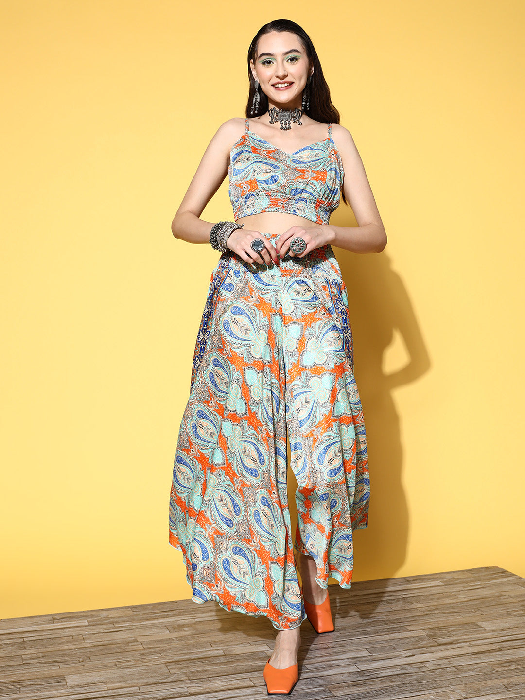 InWeave Women's Blue Orange Paisley Print Coord Set - Distacart