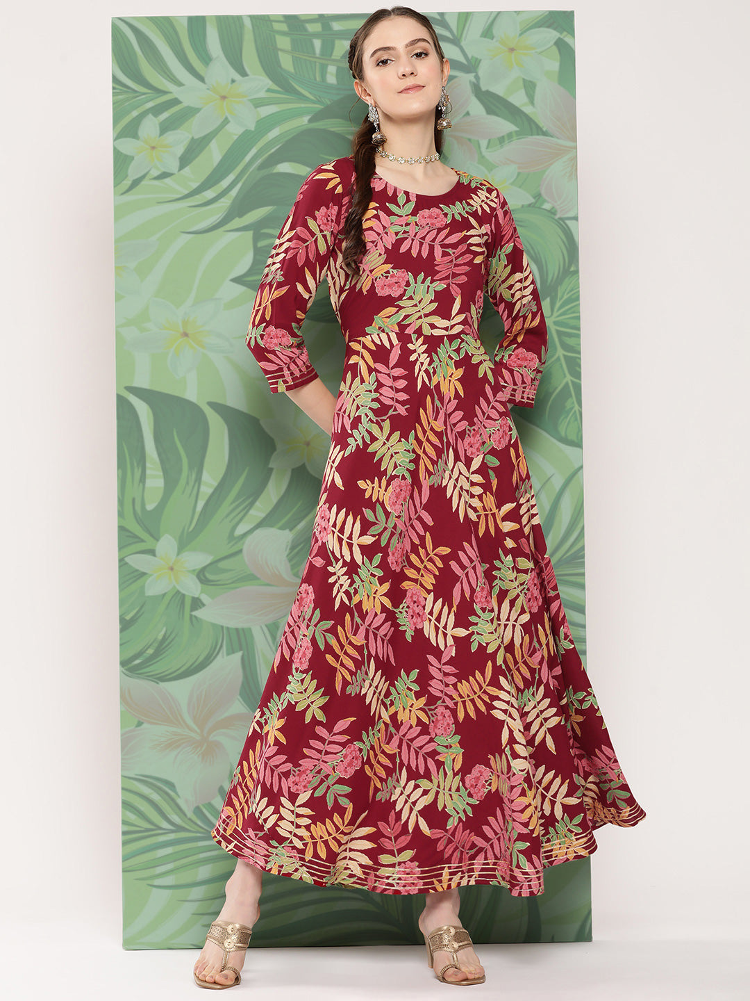 InWeave Women's Red Tropical Print Gota Long Dress - Distacart