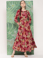 Thumbnail for InWeave Women's Red Tropical Print Gota Long Dress - Distacart