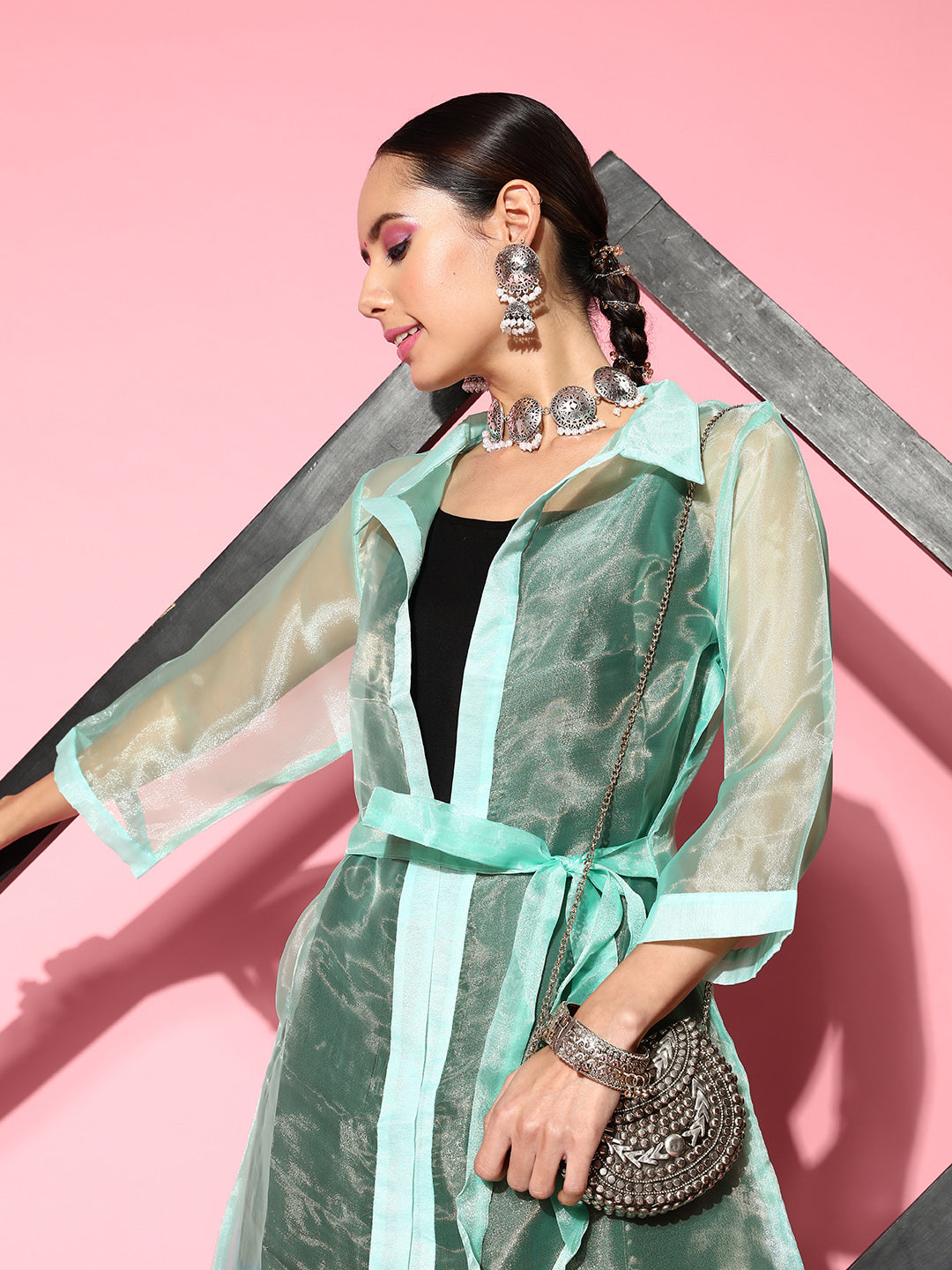 InWeave Women's Black Strappy Kurta Set With Teal Organza Cape - Distacart