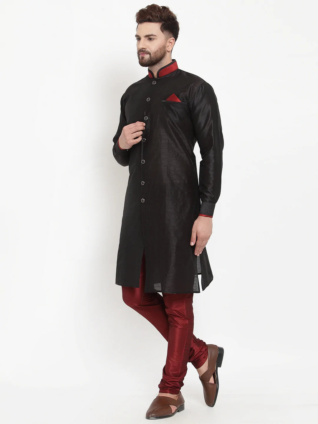 Kalyum Men's Black Solid Kurta with Maroon Churidaar Pyjama Set - Distacart