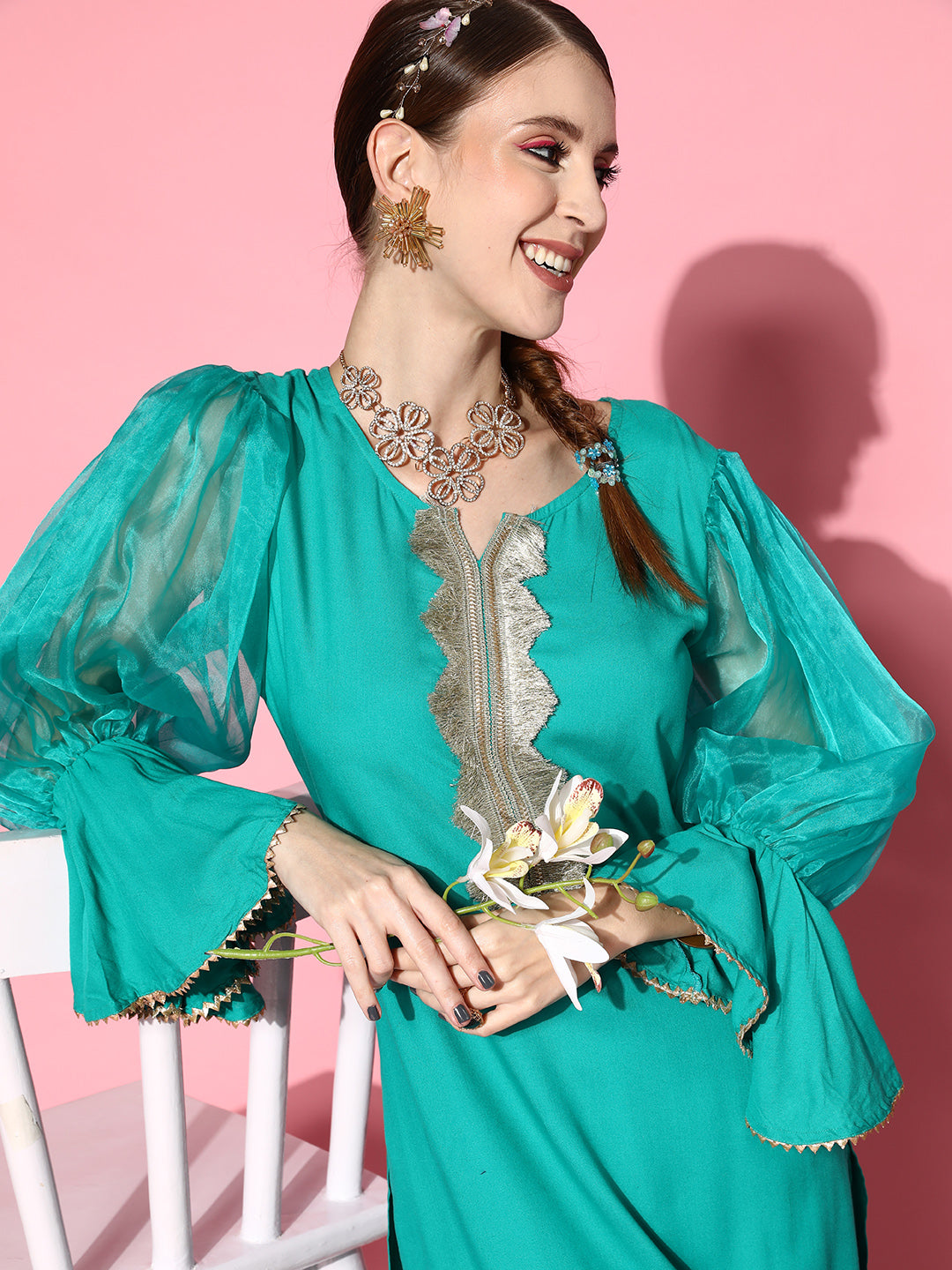 InWeave Women's Aqua Organza Sleeve Gota Work Kurta Set - Distacart