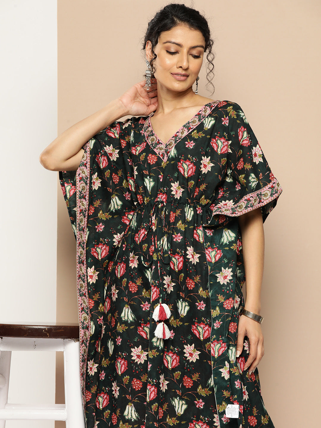 KSUT (House of Varanga) Green And Peach Floral Print Kaftan Trouser Set. - Distacart