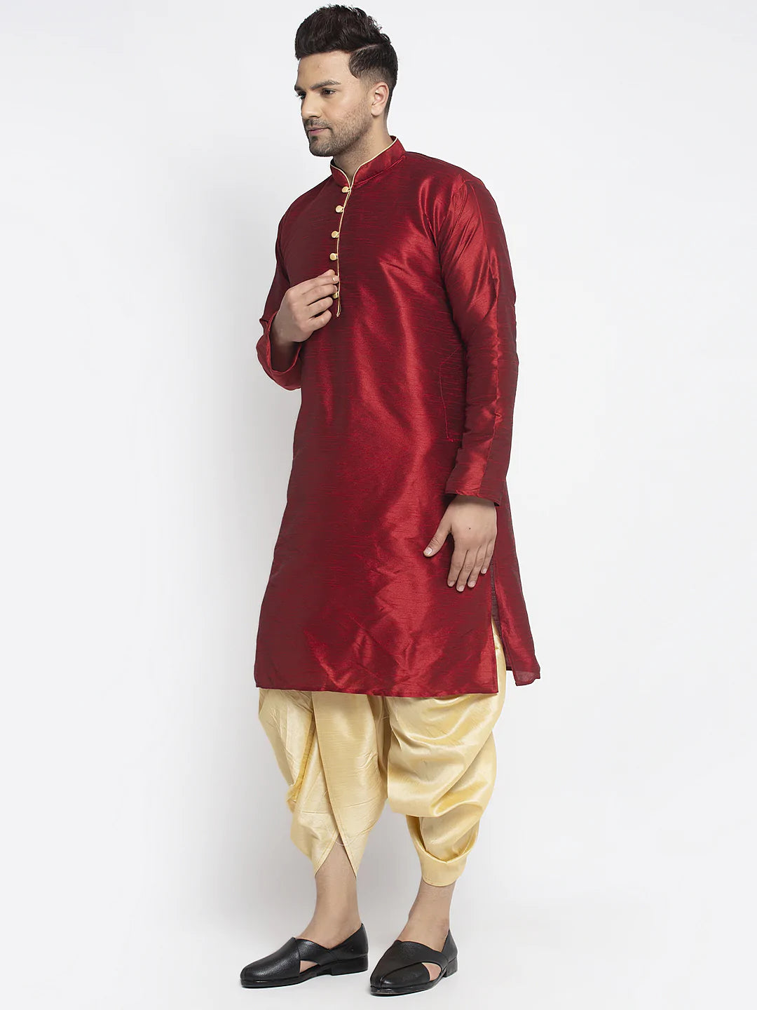 Kalyum Men's Maroon Solid Kurta with Gold Dhoti Pant - Distacart