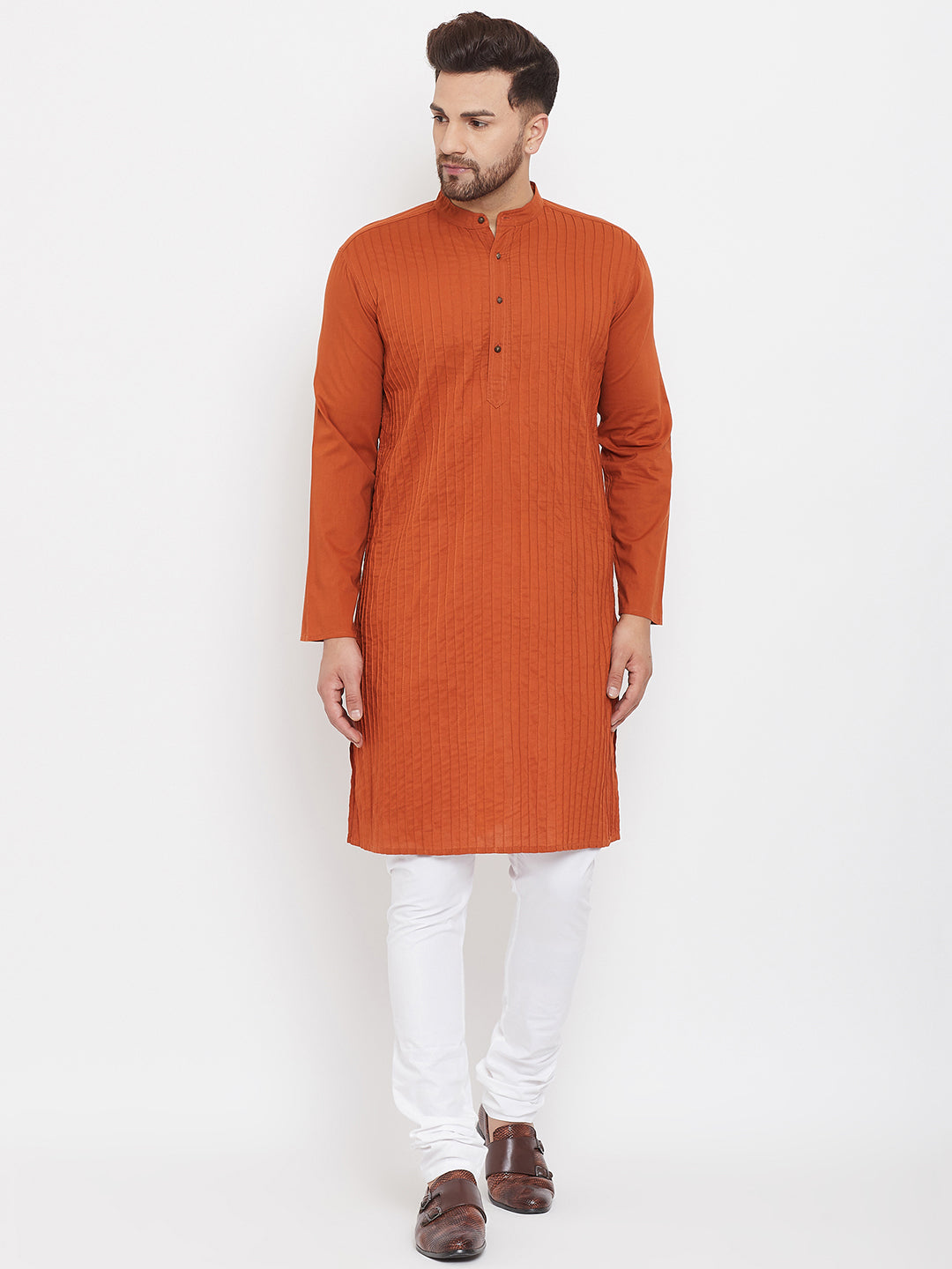 Even Apparels Rust Pure Cotton Kurta With Band Collar - Distacart