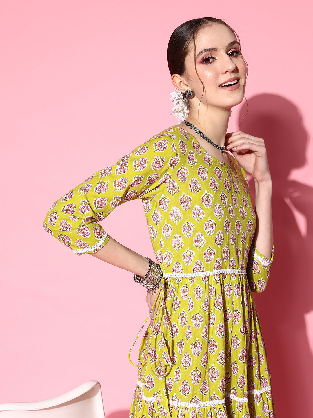 InWeave Women's Yellow Floral Print Tiered Dress With Lace - Distacart