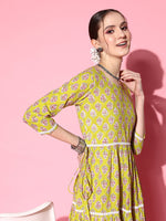 Thumbnail for InWeave Women's Yellow Floral Print Tiered Dress With Lace - Distacart