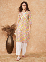 Thumbnail for InWeave Women's Multi Floral Painted Alia Lace Work Straight Kurta - Distacart