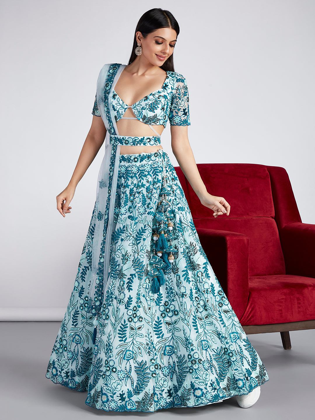 House of Panchhi Turquoise Blue Net Sequins, Mirror And Thread Embroidery Lehenga Choli & Dupatta - Distacart