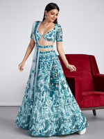 Thumbnail for House of Panchhi Turquoise Blue Net Sequins, Mirror And Thread Embroidery Lehenga Choli & Dupatta - Distacart
