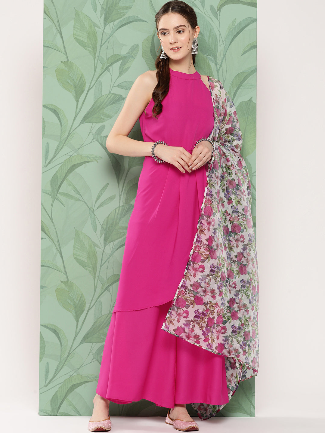 InWeave Women's Magenta Pleated Halter Kurta Palazzo Set W White Pink Or Dupatta - Distacart