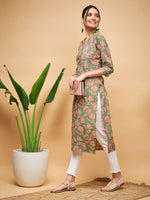 Thumbnail for InWeave Women's Green Pink Floral Angrakha Straight Kurta - Distacart