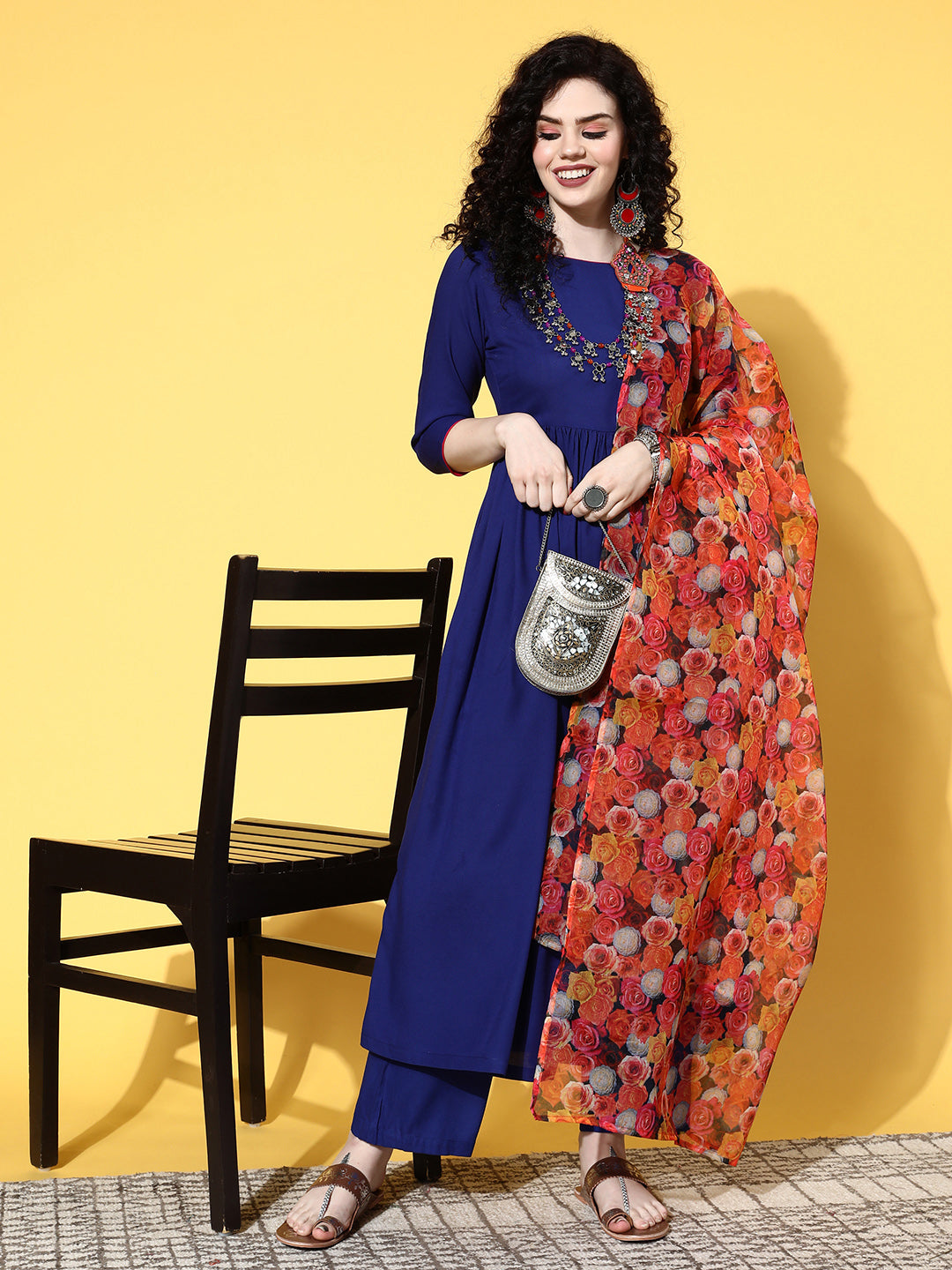 InWeave Women's Ink Blue Long Anarkali Kurta Set With Red Rose Organza Dupatta - Distacart