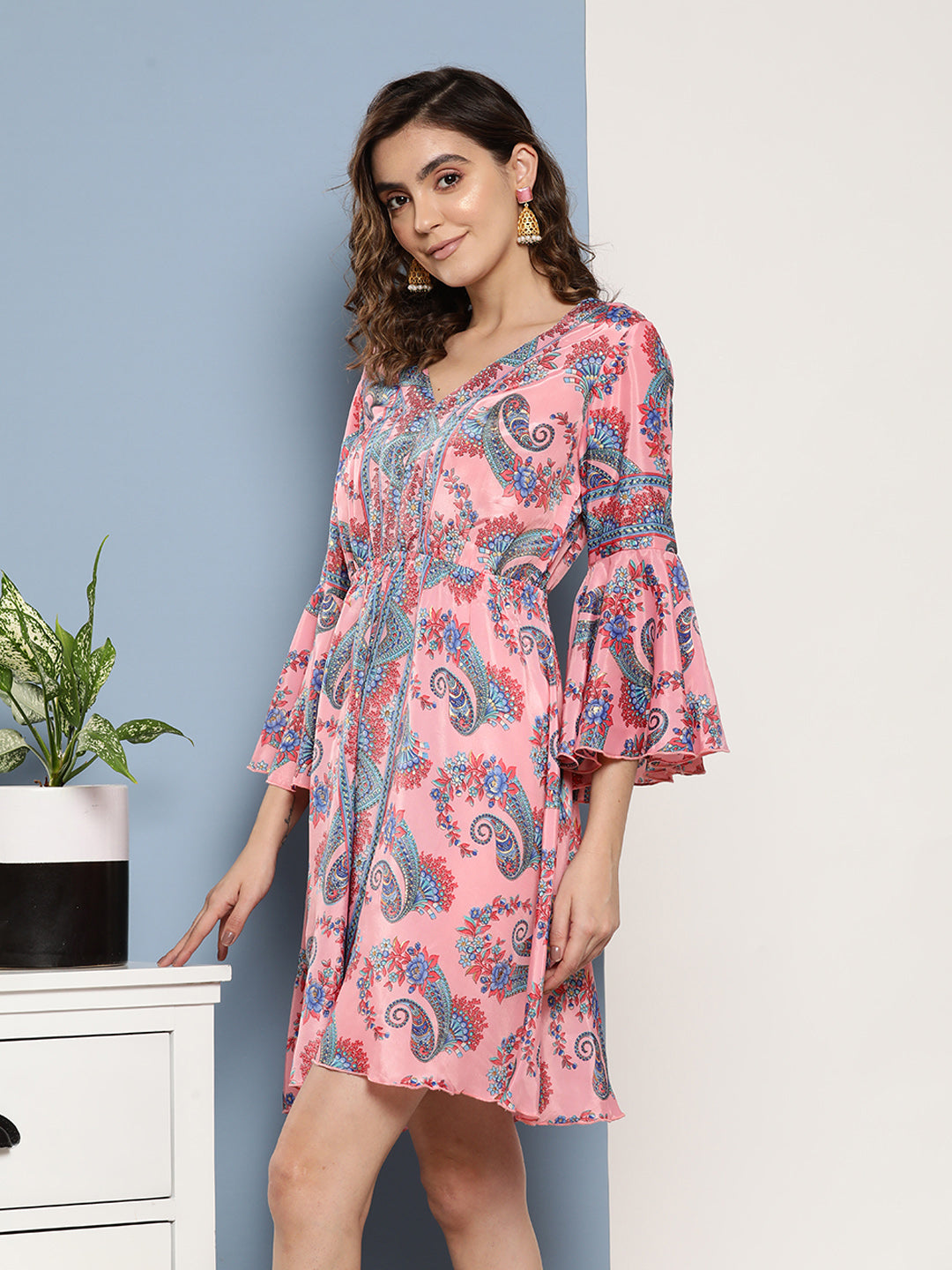 InWeave Women's Pink Floral Blue Bell Sleeve Dress - Distacart