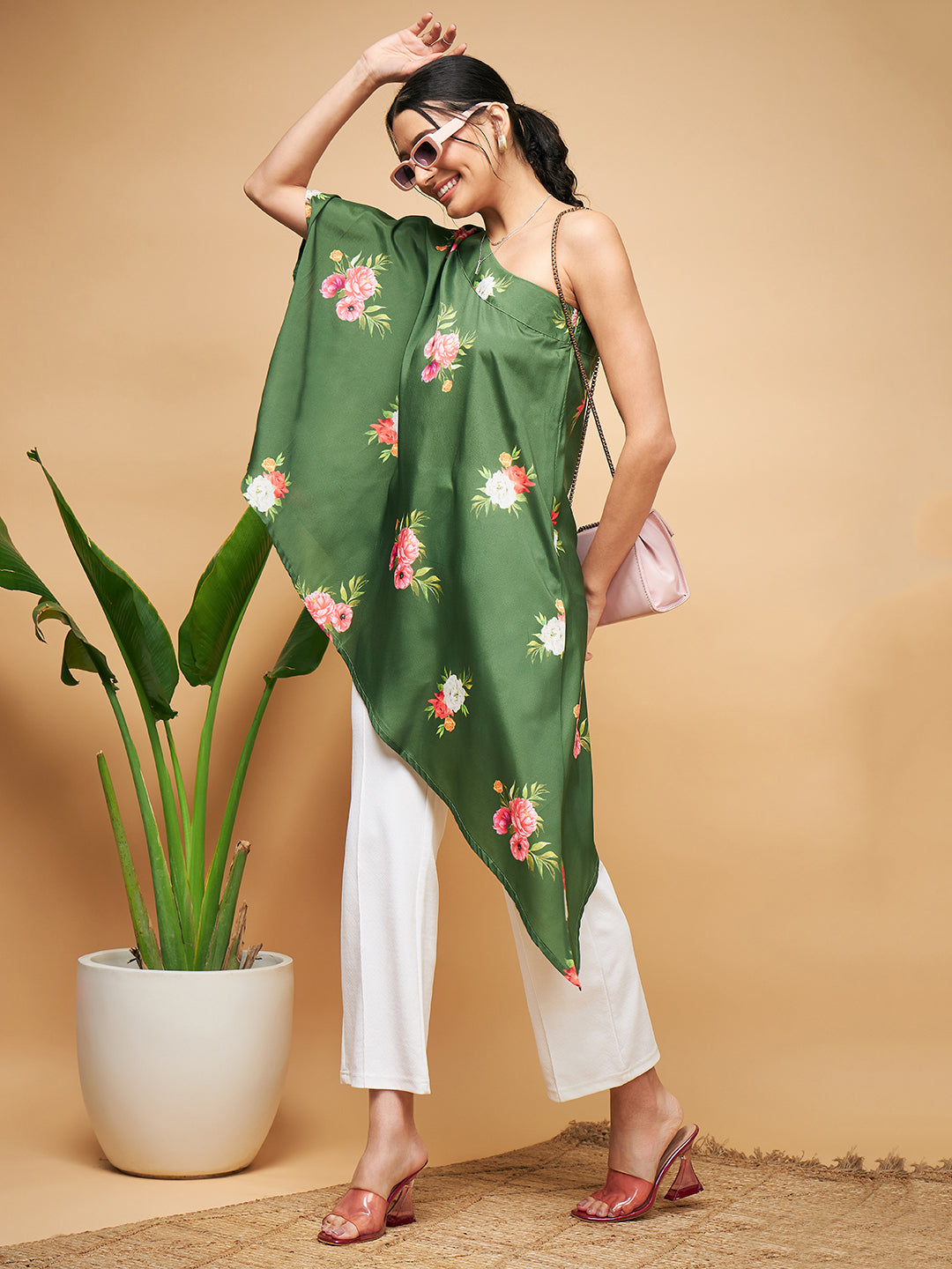 InWeave Women's Green Small Flower One Shoulder Kurta - Distacart