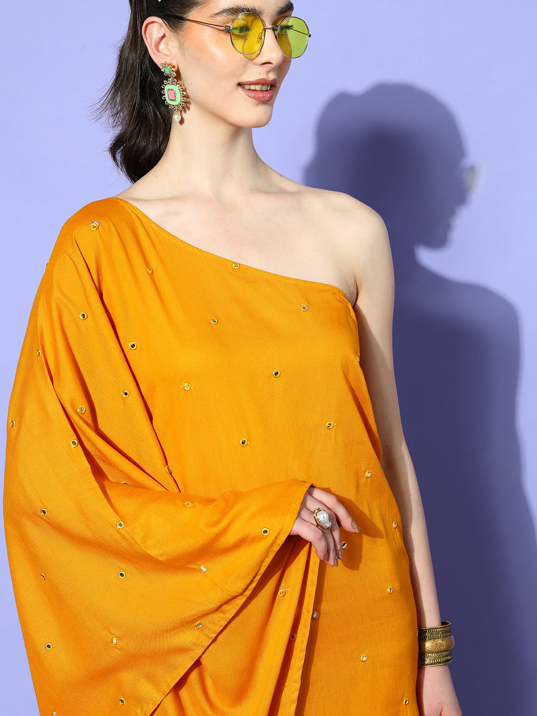 InWeave Women's Mustard Mirror Work One Shoulder Kurta Set - Distacart