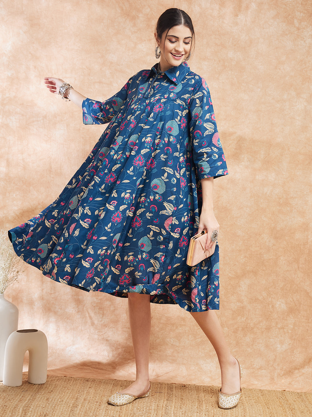 InWeave Women's Blue Pink Kalamkari Flared Dress - Distacart