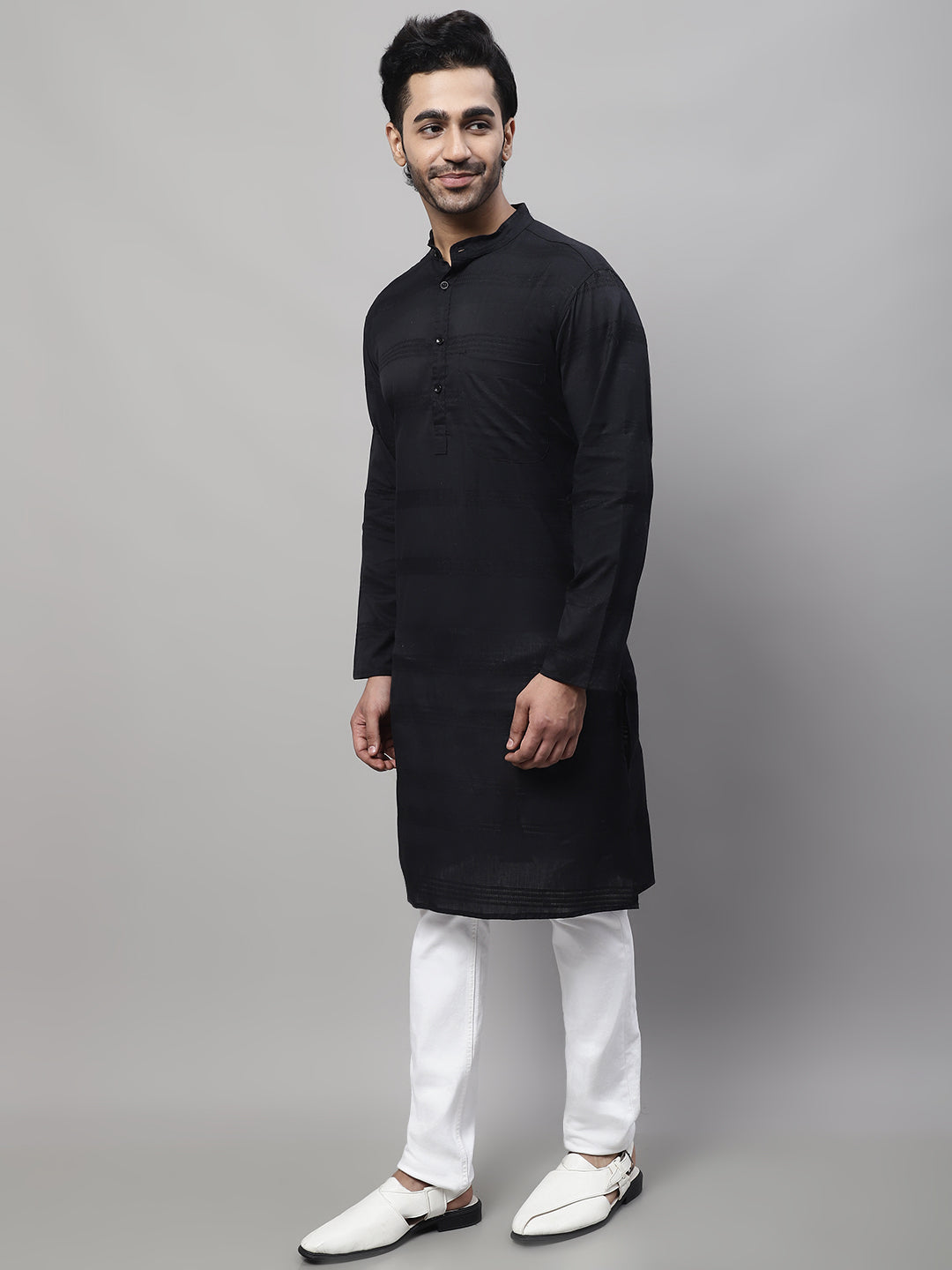 Even Apparels Black Pure Cotton Kurta With Band Collar - Distacart